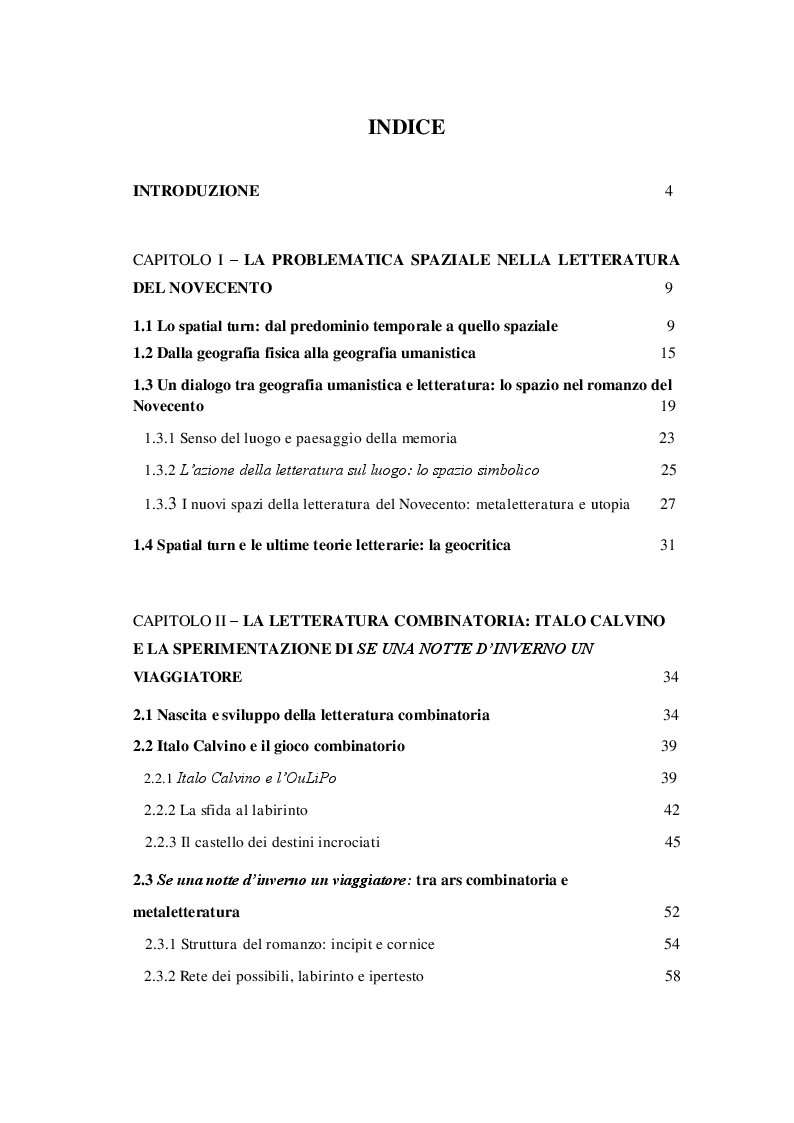 Indice della tesi: Spatial turn e gioco combinatorio nella narrativa di Italo Calvino: da ''Se una notte d'inverno un viaggiatore'' a ''Le città invisibili'', Pagina 1