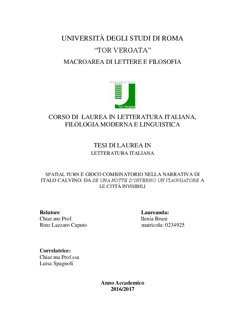 Anteprima della tesi: Spatial turn e gioco combinatorio nella narrativa di Italo Calvino: da ''Se una notte d'inverno un viaggiatore'' a ''Le città invisibili'', Pagina 1