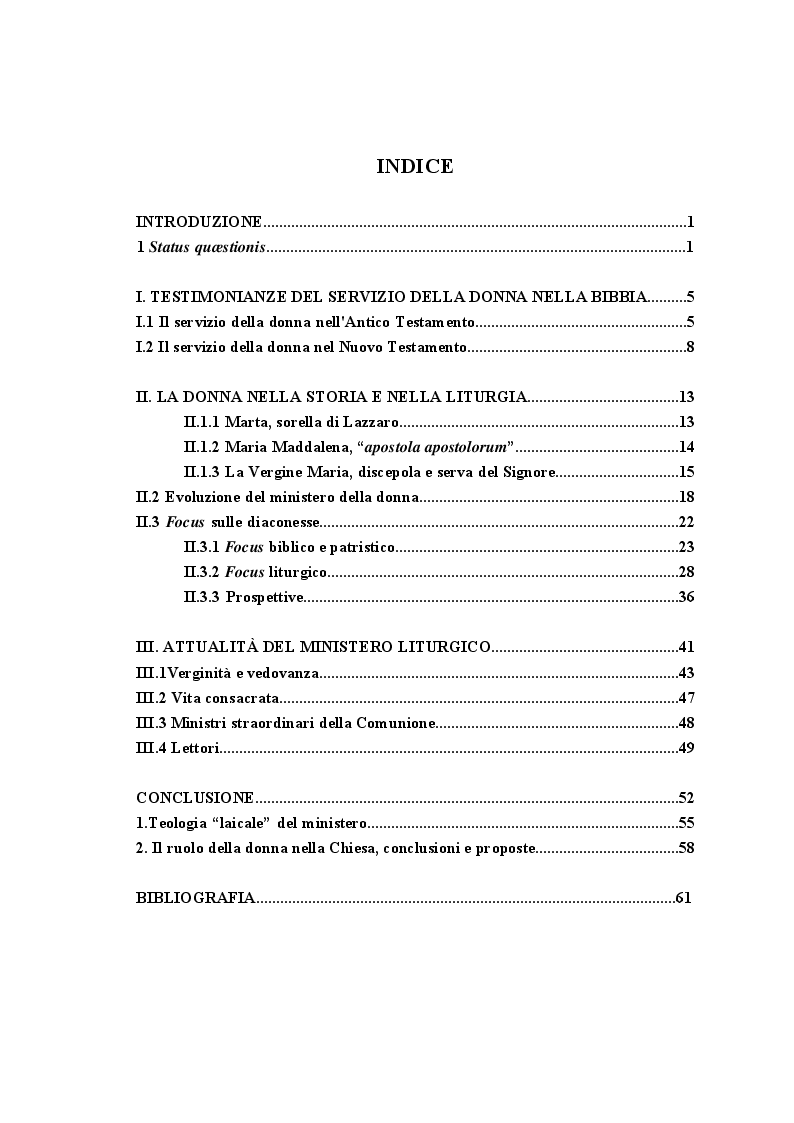 Indice della tesi: Il ministero della donna nella Liturgia tra passato e futuro, Pagina 1