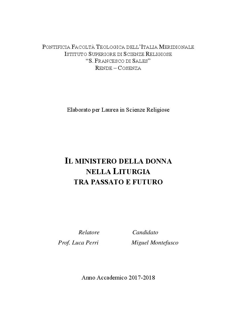 Anteprima della tesi: Il ministero della donna nella Liturgia tra passato e futuro, Pagina 1