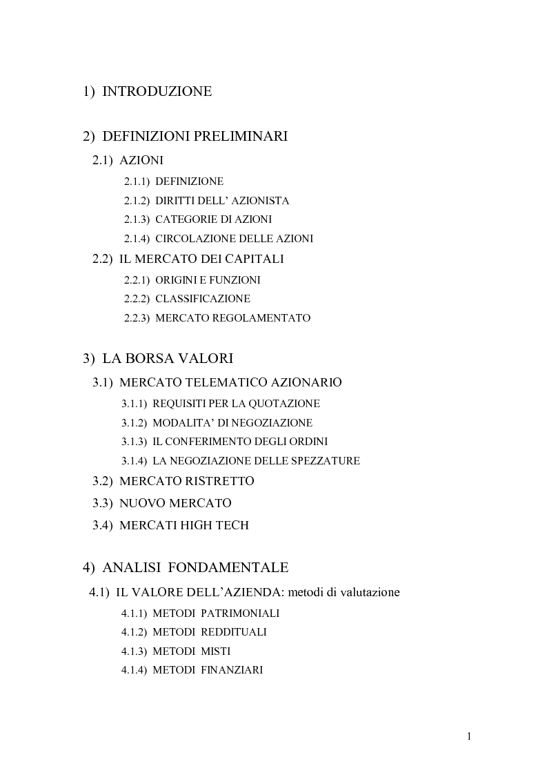 Indice della tesi: La valutazione delle azioni quotate sul mercato regolamentato, Pagina 1
