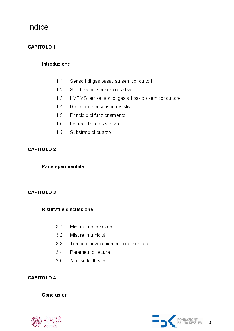 Indice della tesi: Caratterizzazione di sensori di gas chemoresistivi, Pagina 1