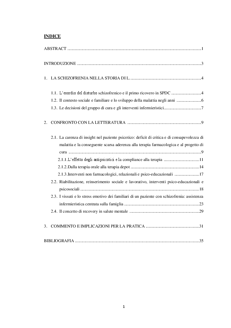 Indice della tesi: Il paziente schizofrenico: un caso di difficile comprensione (case report), Pagina 1