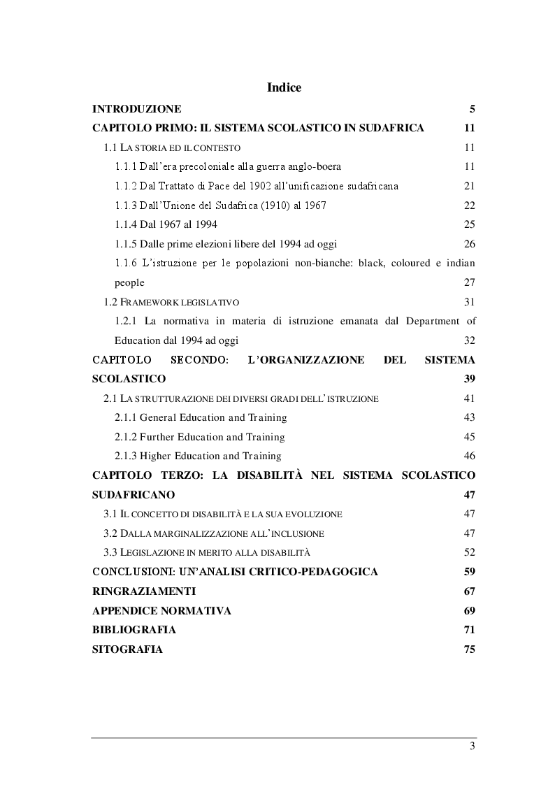 Indice della tesi: Il sistema scolastico sudafricano dal 1967 ad oggi, Pagina 1