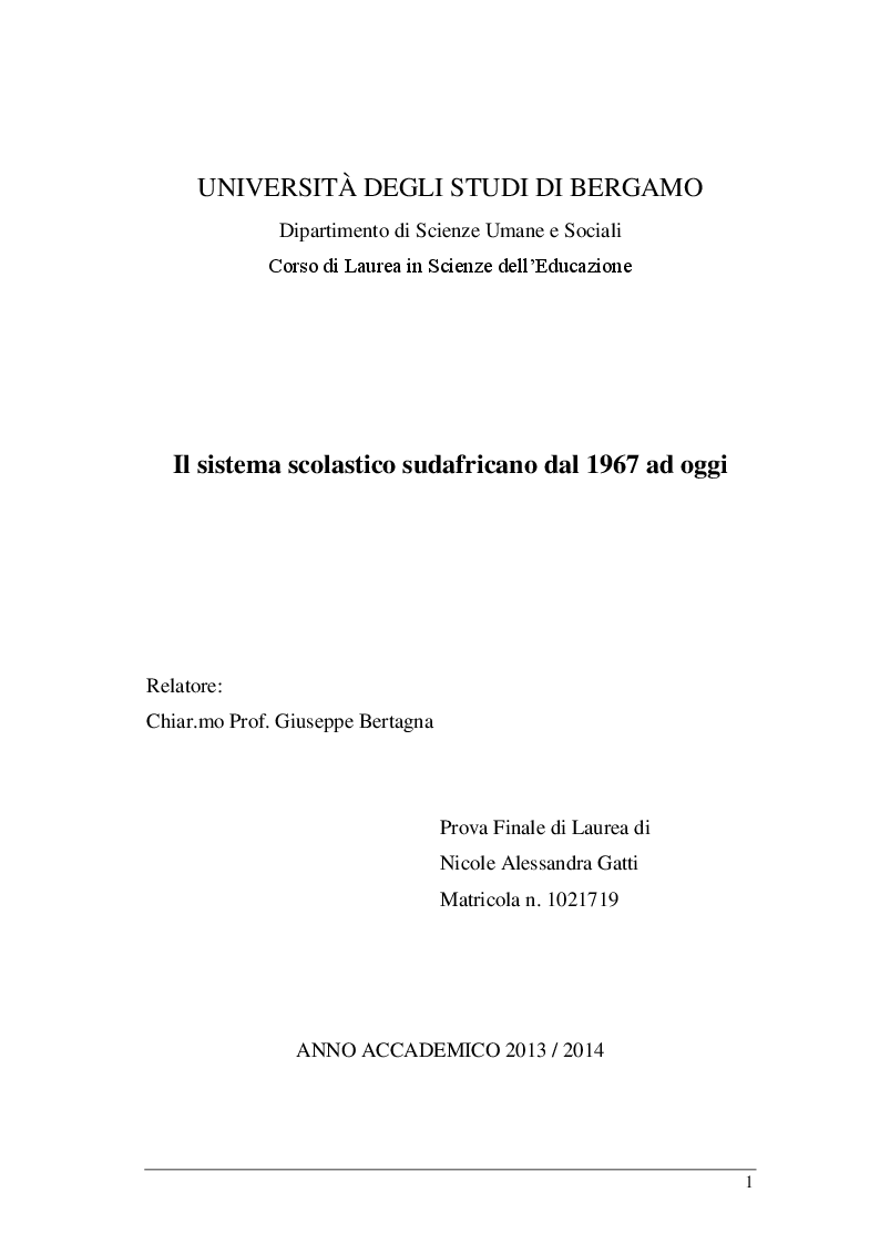 Anteprima della tesi: Il sistema scolastico sudafricano dal 1967 ad oggi, Pagina 1