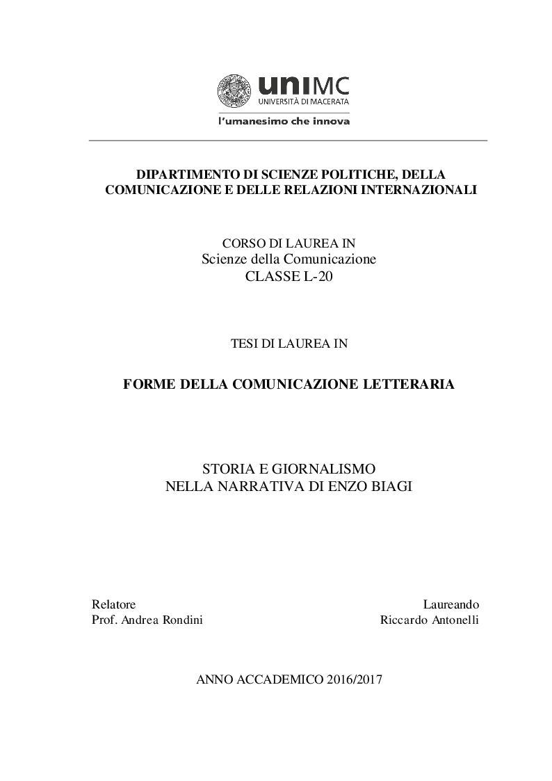 Anteprima della tesi: Storia e giornalismo nella narrativa di Enzo Biagi, Pagina 1
