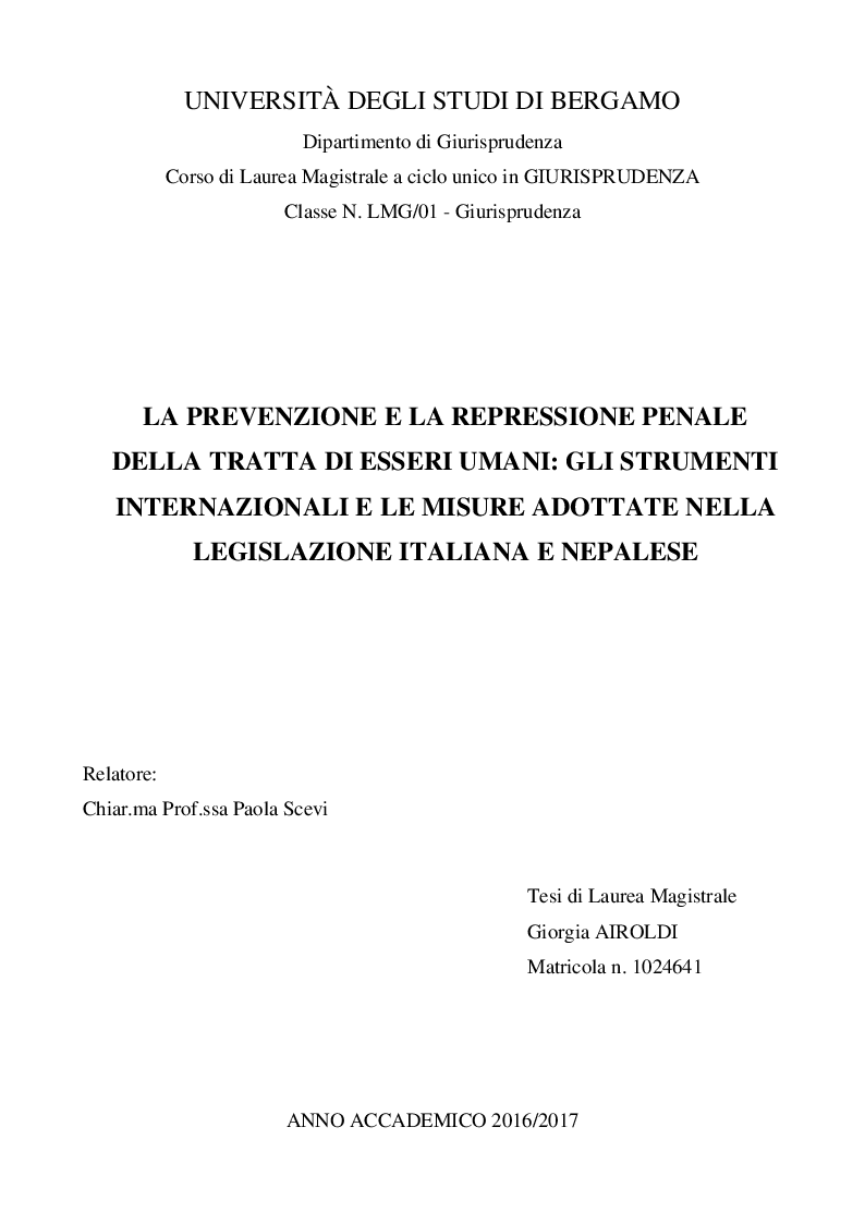 Anteprima della tesi: La prevenzione e la repressione penale della tratta di esseri umani: gli strumenti internazionali e le misure adottate nella legislazione italiana e nepalese, Pagina 1