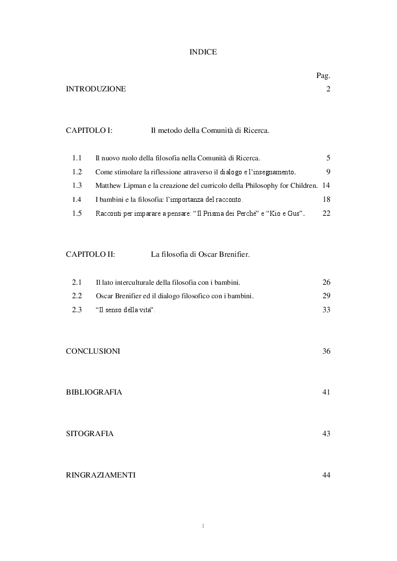 Indice della tesi: Lo sguardo filosofico dei bambini. Una riflessione introduttiva, Pagina 1