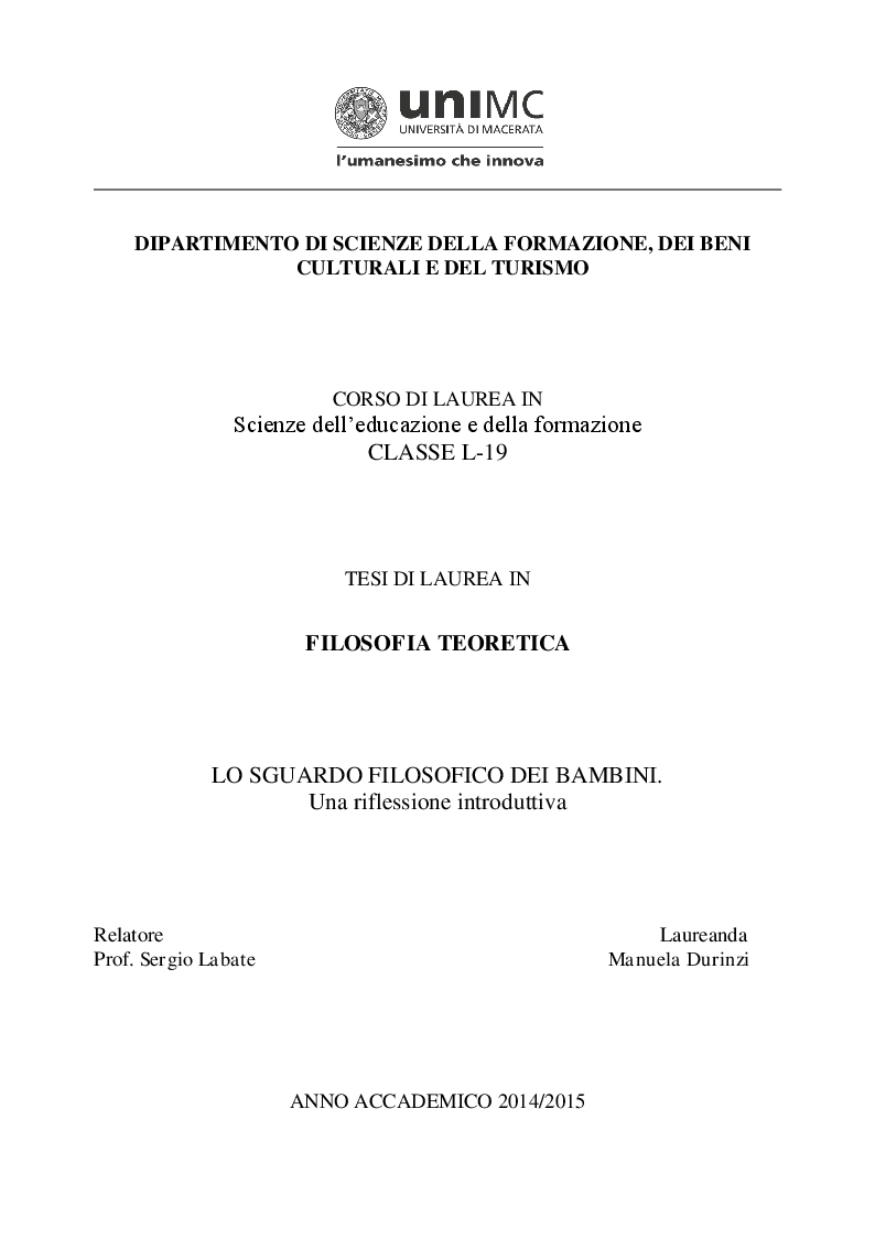 Anteprima della tesi: Lo sguardo filosofico dei bambini. Una riflessione introduttiva, Pagina 1