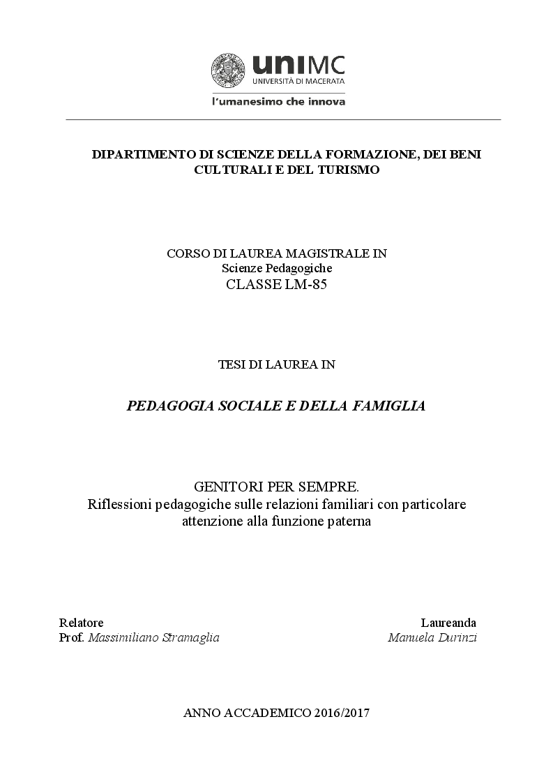 Anteprima della tesi: Genitori per sempre. Riflessioni pedagogiche sulle relazioni familiari con particolare attenzione alla funzione paterna, Pagina 1