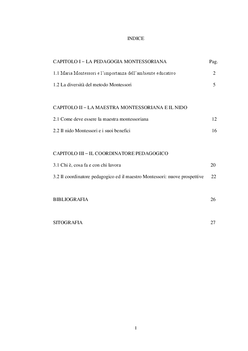 Indice della tesi: Il coordinatore in chiave montessoriana. Riflessioni sul metodo Montessori e sulla figura del coordinatore, Pagina 1