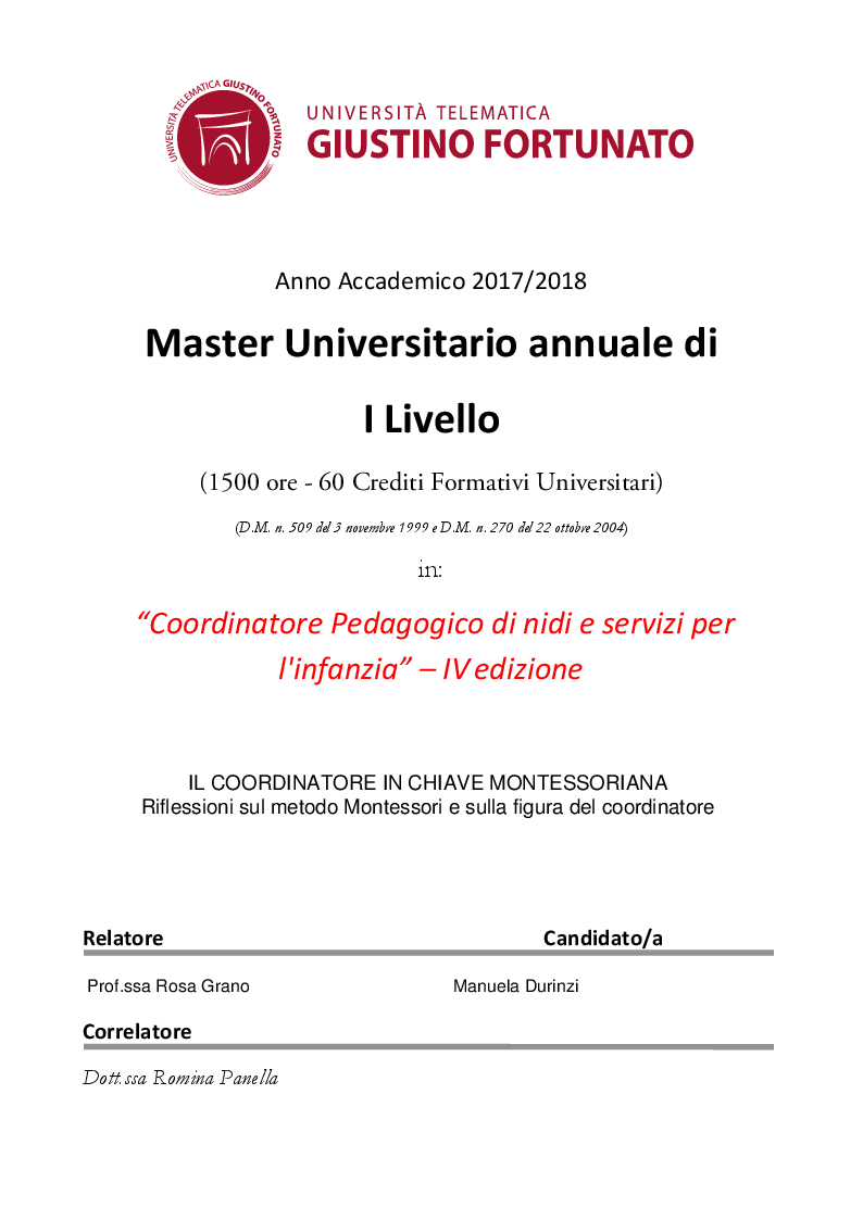Anteprima della tesi: Il coordinatore in chiave montessoriana. Riflessioni sul metodo Montessori e sulla figura del coordinatore, Pagina 1