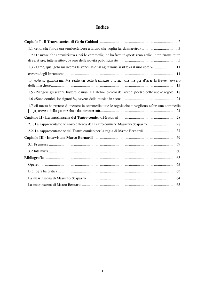 Indice della tesi: Il "Teatro comico" di Carlo Goldoni e la rappresentazione di Marco Bernardi, Pagina 1