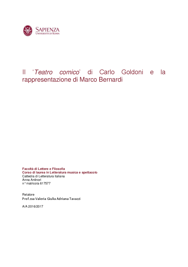 Anteprima della tesi: Il "Teatro comico" di Carlo Goldoni e la rappresentazione di Marco Bernardi, Pagina 1