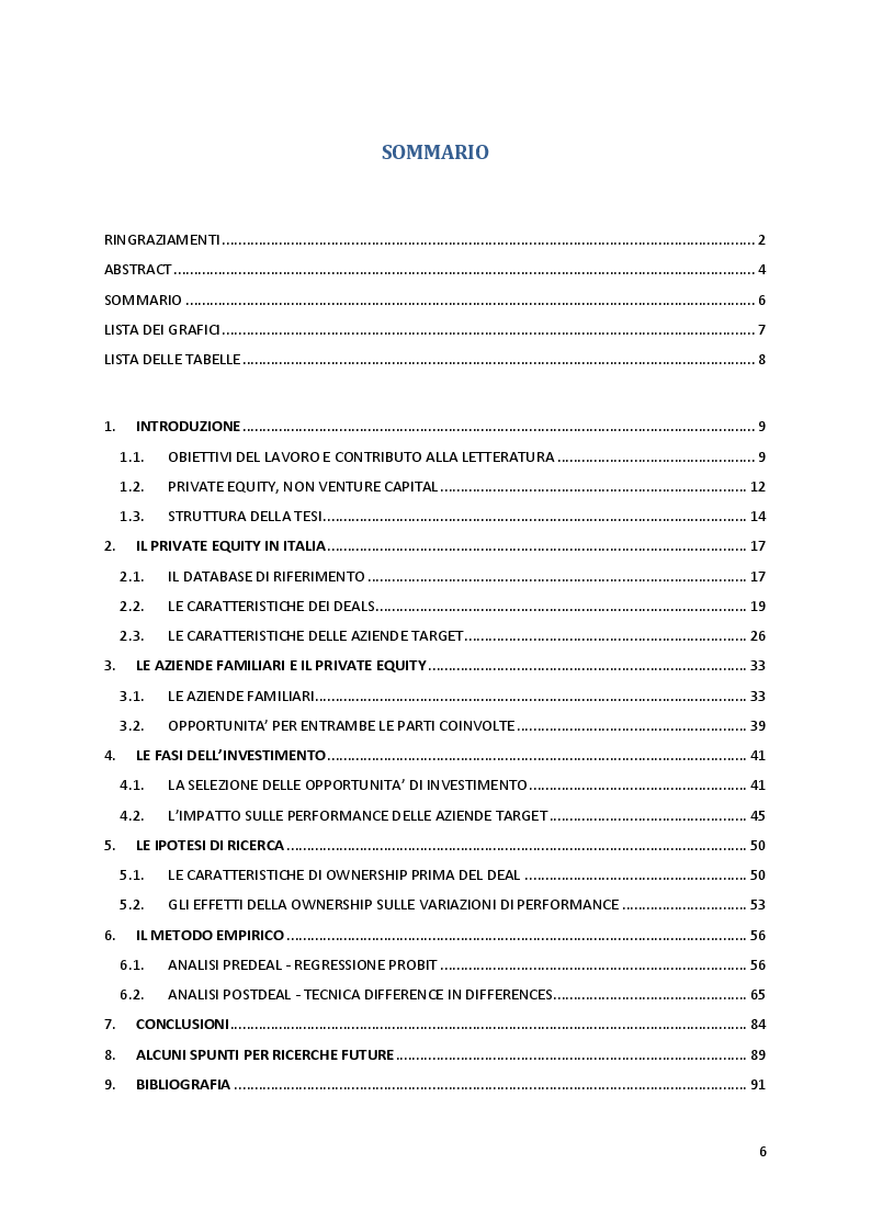 Indice della tesi: Quando la proprietà entra in gioco: il ruolo della struttura azionaria delle aziende familiari oggetto di investimenti di Private Equity, Pagina 1