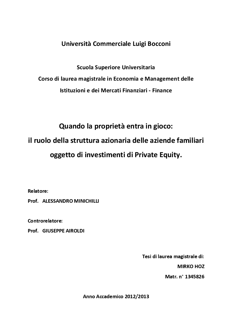 Anteprima della tesi: Quando la proprietà entra in gioco: il ruolo della struttura azionaria delle aziende familiari oggetto di investimenti di Private Equity, Pagina 1