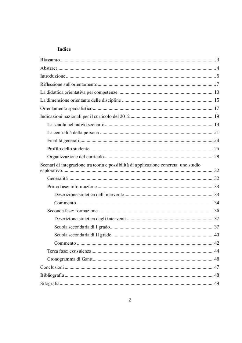 Indice della tesi: La didattica orientativa a confronto con le nuove indicazioni nazionali per il curricolo, Pagina 1