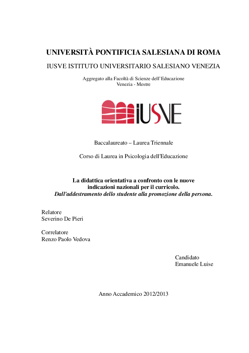 Anteprima della tesi: La didattica orientativa a confronto con le nuove indicazioni nazionali per il curricolo, Pagina 1