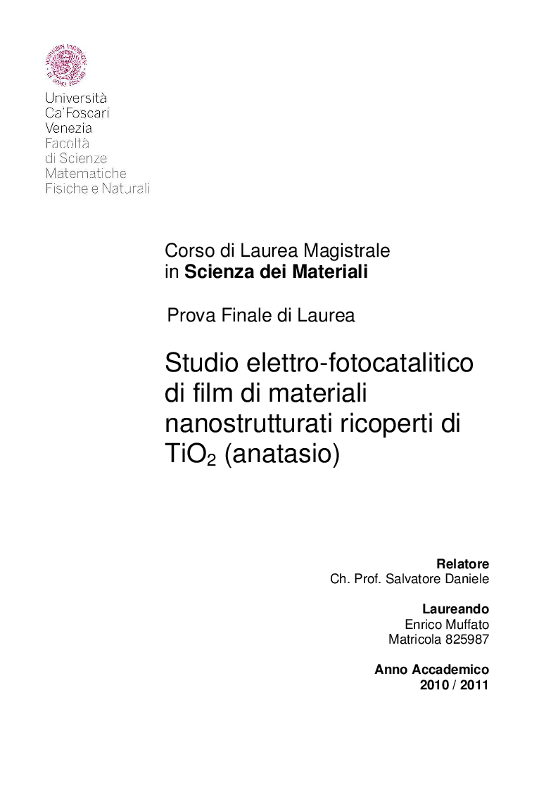 Anteprima della tesi: Studio elettro-fotocatalitico di film di materiali nanostrutturati ricoperti di TiO2 (anatasio), Pagina 1