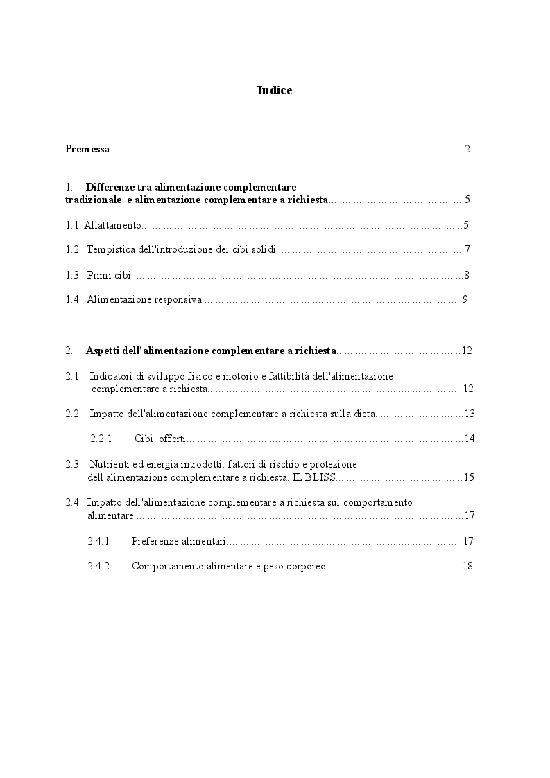 Indice della tesi: Alimentazione complementare a richiesta in bambini di 6-12 mesi: un'indagine on line, Pagina 1