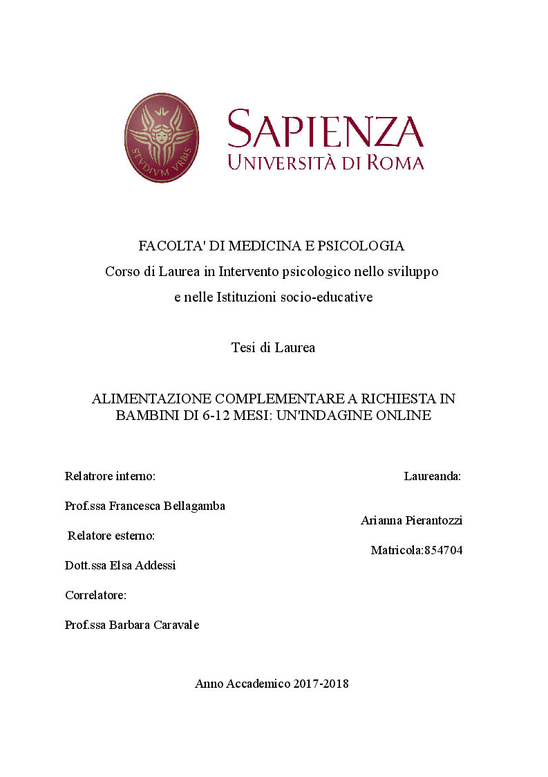 Anteprima della tesi: Alimentazione complementare a richiesta in bambini di 6-12 mesi: un'indagine on line, Pagina 1