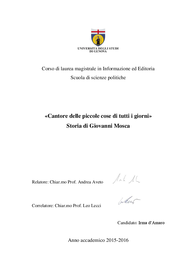 Anteprima della tesi: «Cantore delle piccole cose di tutti i giorni» Storia di Giovanni Mosca, Pagina 1