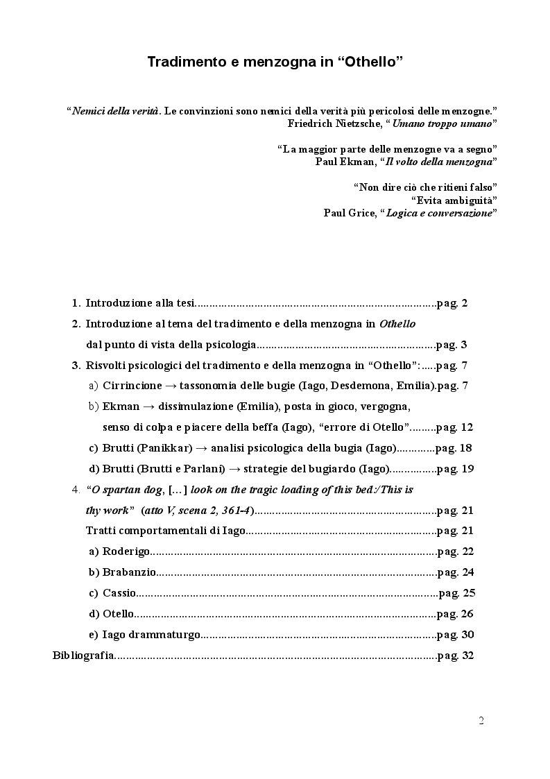 Indice della tesi: Tradimento e Menzogna in "Othello", Pagina 1