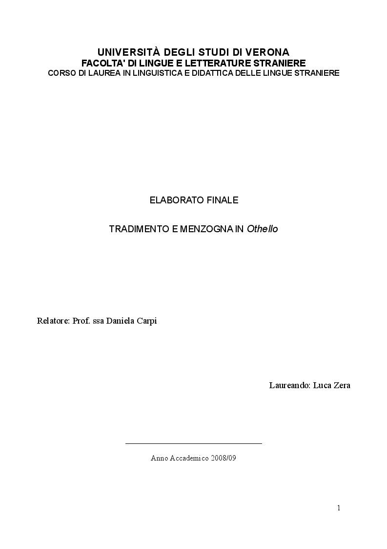 Anteprima della tesi: Tradimento e Menzogna in "Othello", Pagina 1