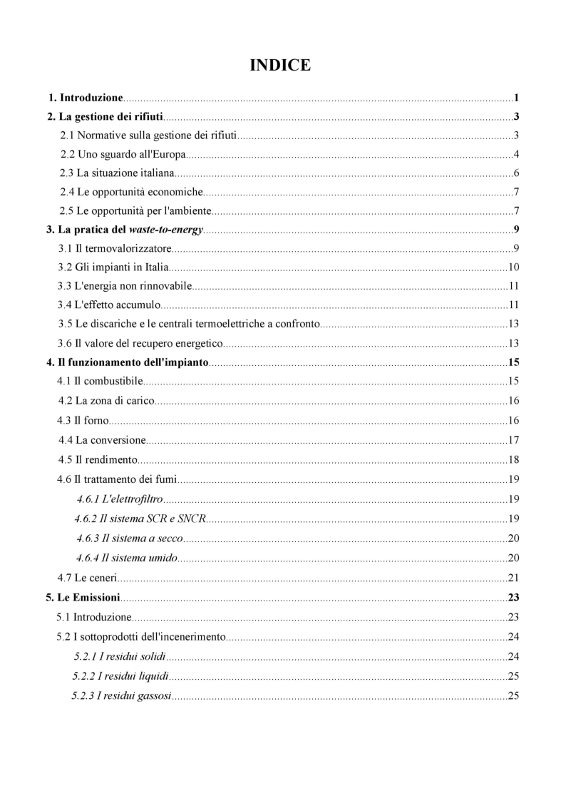 Indice della tesi: Le Dimensioni della Termovalorizzazione, Pagina 1