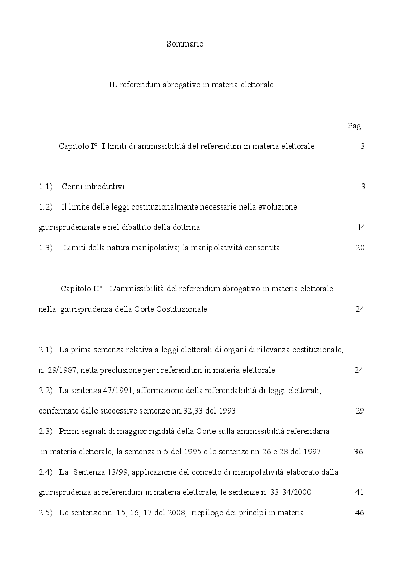 Indice della tesi: Il referendum abrogativo in materia elettorale, Pagina 1