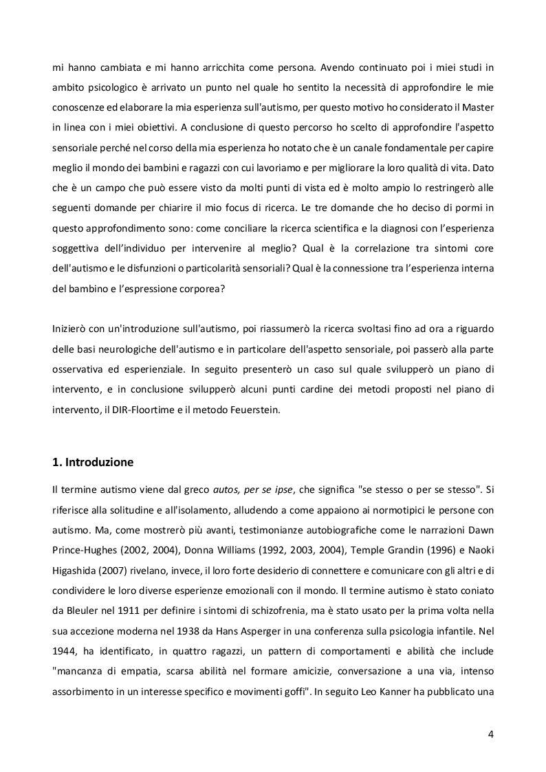 Anteprima della tesi: Sensorialità autistica: una singolare esperienza del mondo. Comprendere il profilo di funzionamento sensoriale per progettare l'iter psicoeducativo, Pagina 3