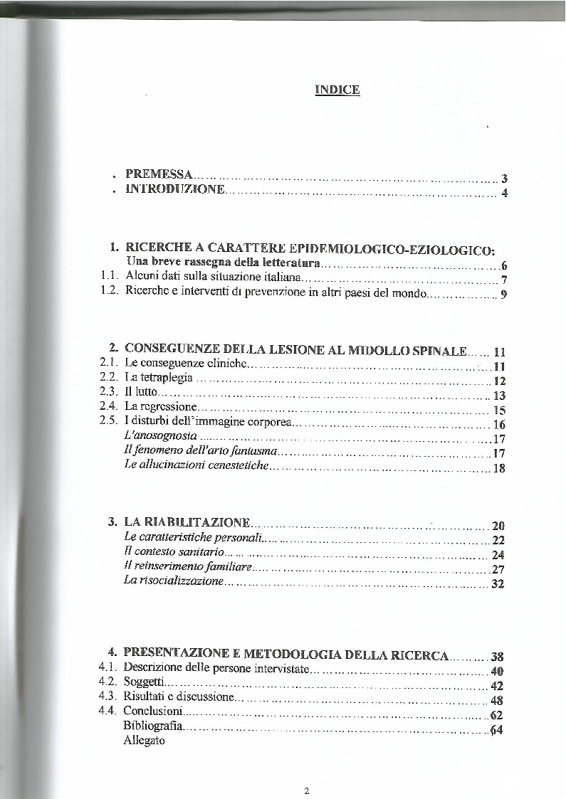 Indice della tesi: La lesione al midollo cervicale: un approccio psicologico-riabilitativo, Pagina 1