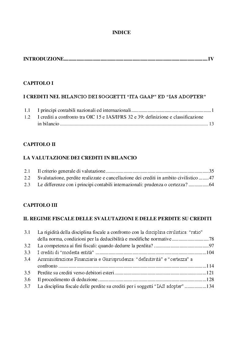 Indice della tesi: La valutazione dei crediti tra normativa civilistica e fiscale, Pagina 1