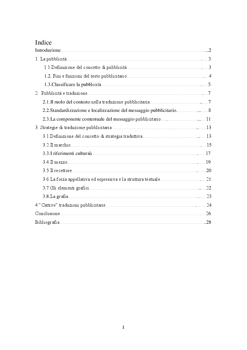 Indice della tesi: La pubblicità e la traduzione del messaggio pubblicitario problemi e strategie traduttivi., Pagina 1