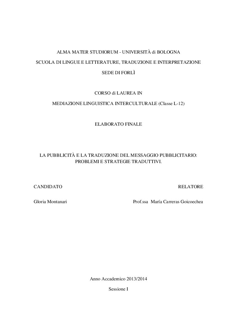 Anteprima della tesi: La pubblicità e la traduzione del messaggio pubblicitario problemi e strategie traduttivi., Pagina 1