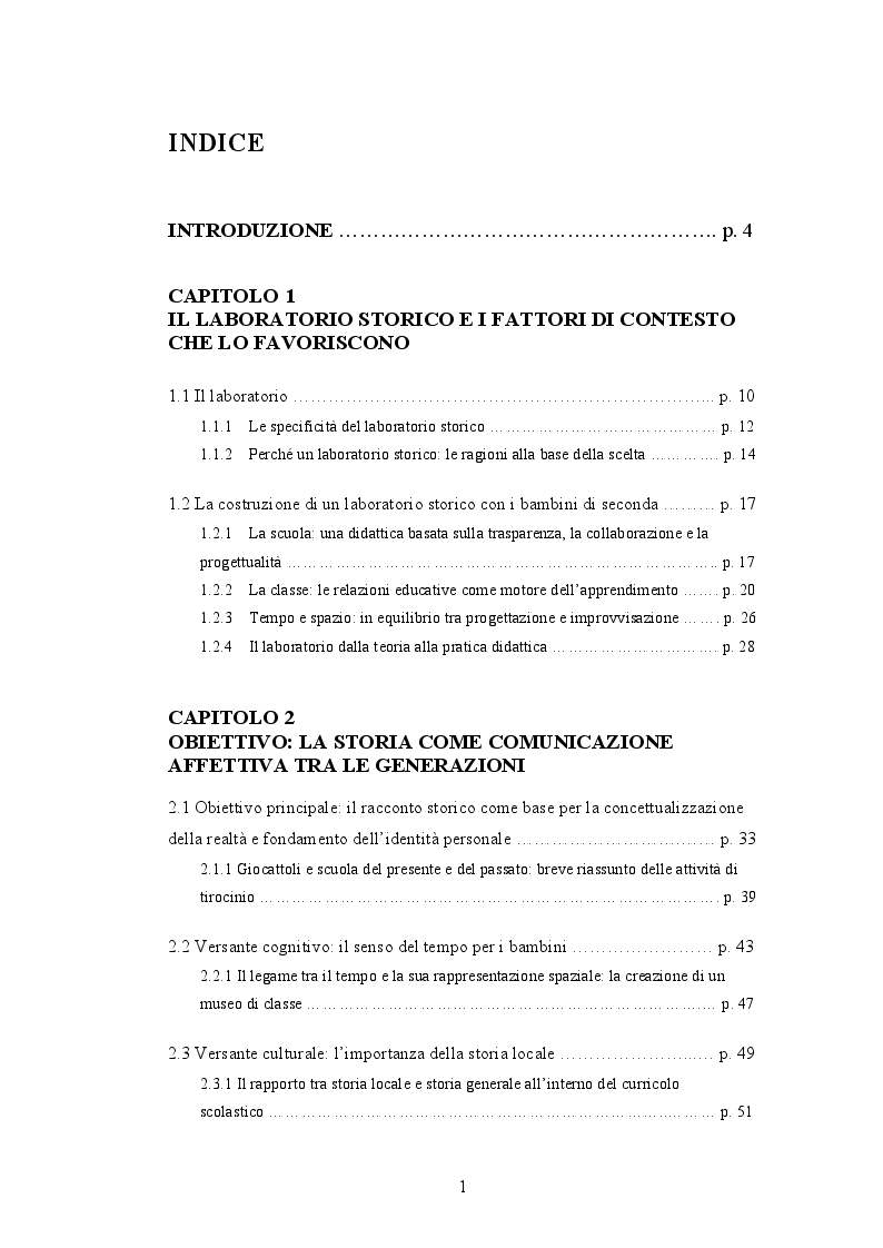 Indice della tesi: Quando i nonni raccontano. L'affettività nel laboratorio storico., Pagina 1