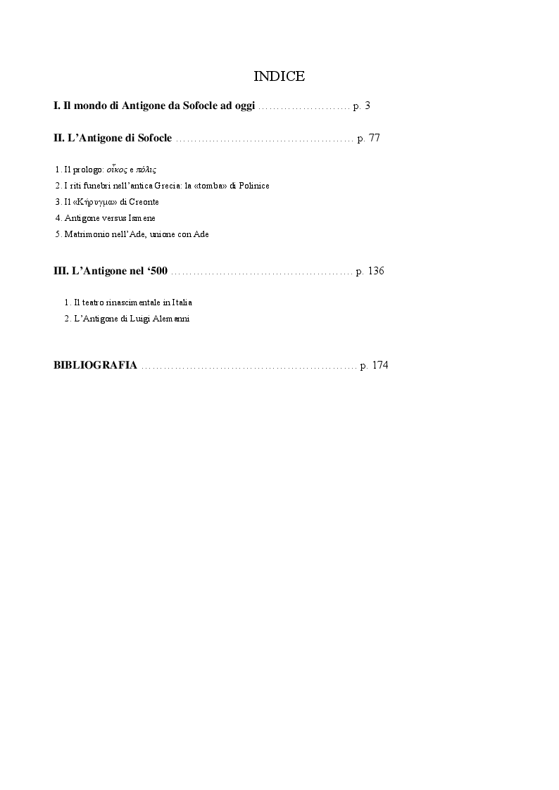 Indice della tesi: Il personaggio di Antigone da Sofocle alla tragedia rinascimentale, Pagina 1