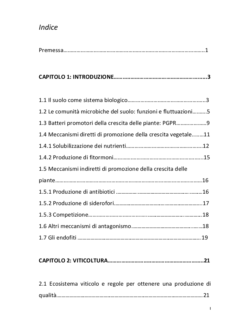 Indice della tesi: Studio della Biodiversità nelle Comunità Microbiche nei Vigneti del Montepulciano d'Abruzzo, Pagina 1