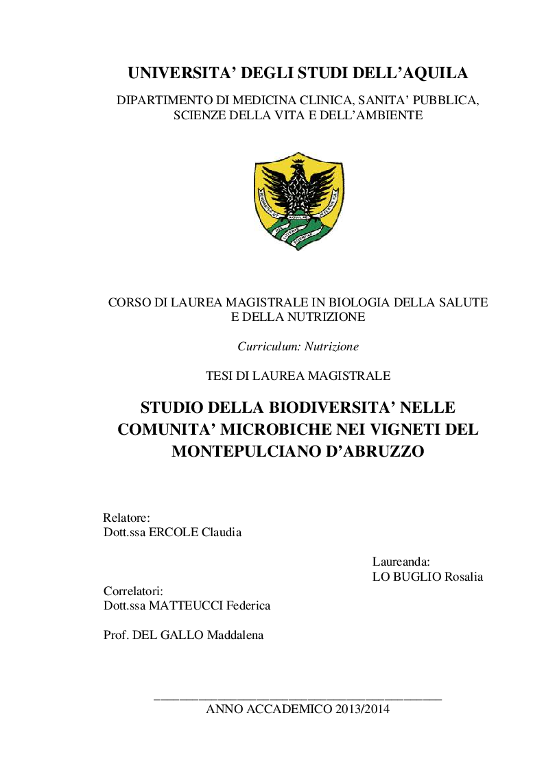 Anteprima della tesi: Studio della Biodiversità nelle Comunità Microbiche nei Vigneti del Montepulciano d'Abruzzo, Pagina 1