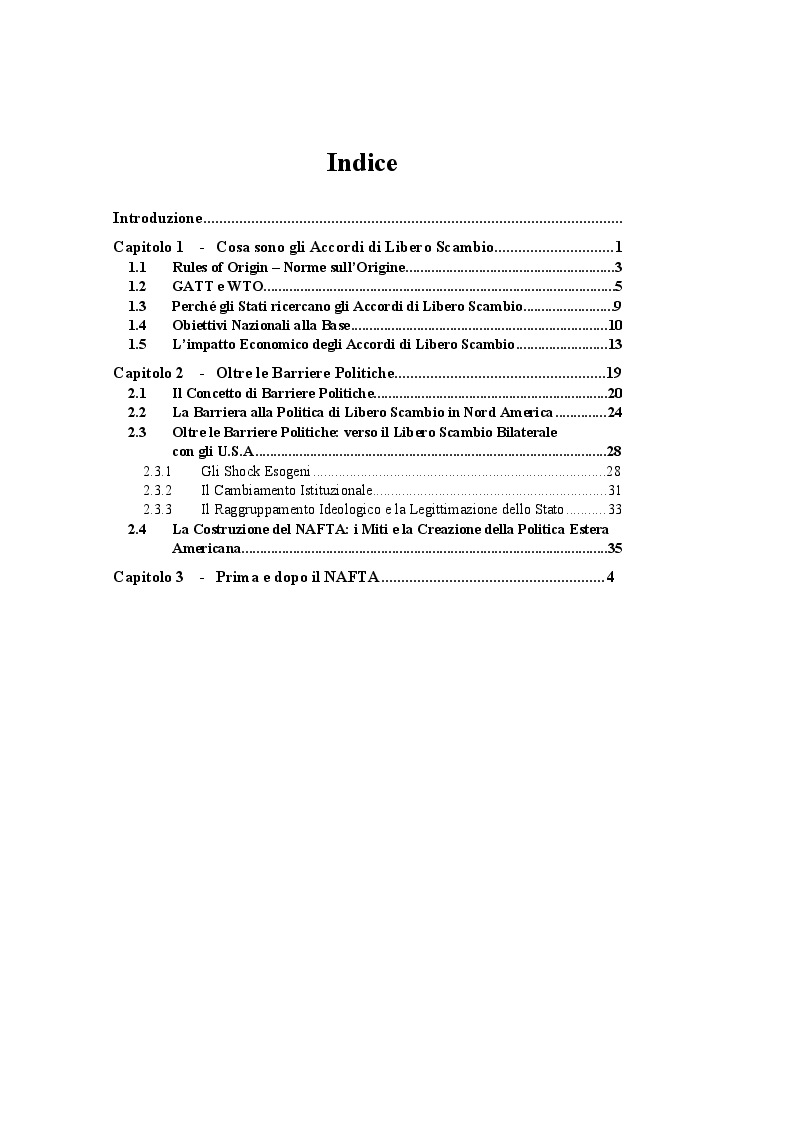 Indice della tesi: Gli Accordi di Libero Scambio: uno sguardo d’insieme e focus sul NAFTA, Pagina 1