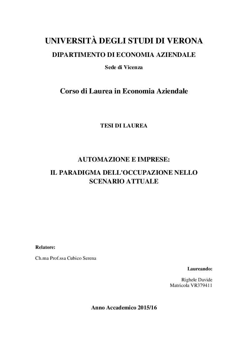 Anteprima della tesi: Automazione e imprese: Il paradigma dell'occupazione nello scenario attuale, Pagina 1