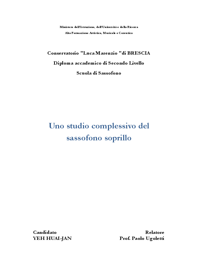 Anteprima della tesi: Uno studio complessivo del sassofono soprillo, Pagina 1