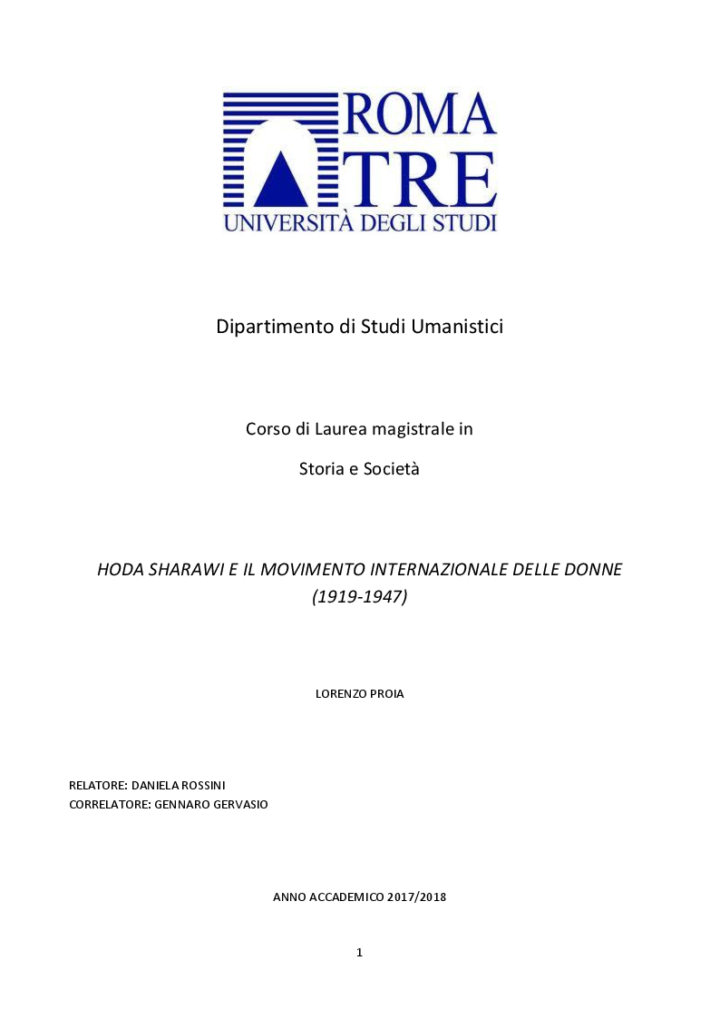 Anteprima della tesi: Hoda Sharawi e il movimento internazionale delle donne (1919-1947), Pagina 1