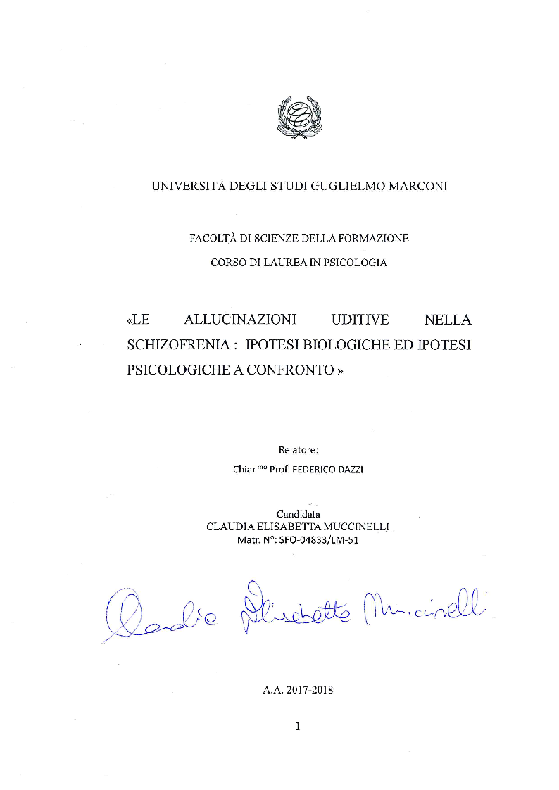 Anteprima della tesi: Le allucinazioni uditive nella schizofrenia: ipotesi biologiche ed ipotesi psicologiche a confronto, Pagina 1