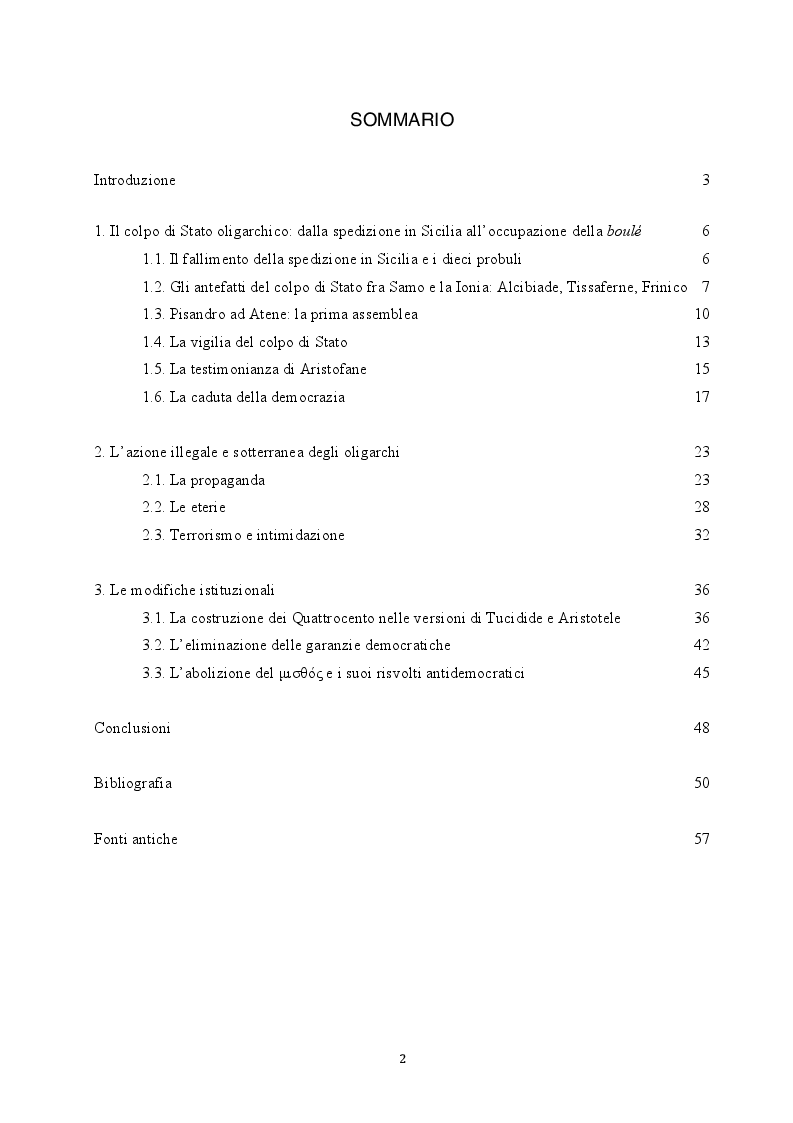 Indice della tesi: Il colpo di Stato dei Quattrocento ad Atene. Metodi di attuazione e aspetti istituzionali, Pagina 1