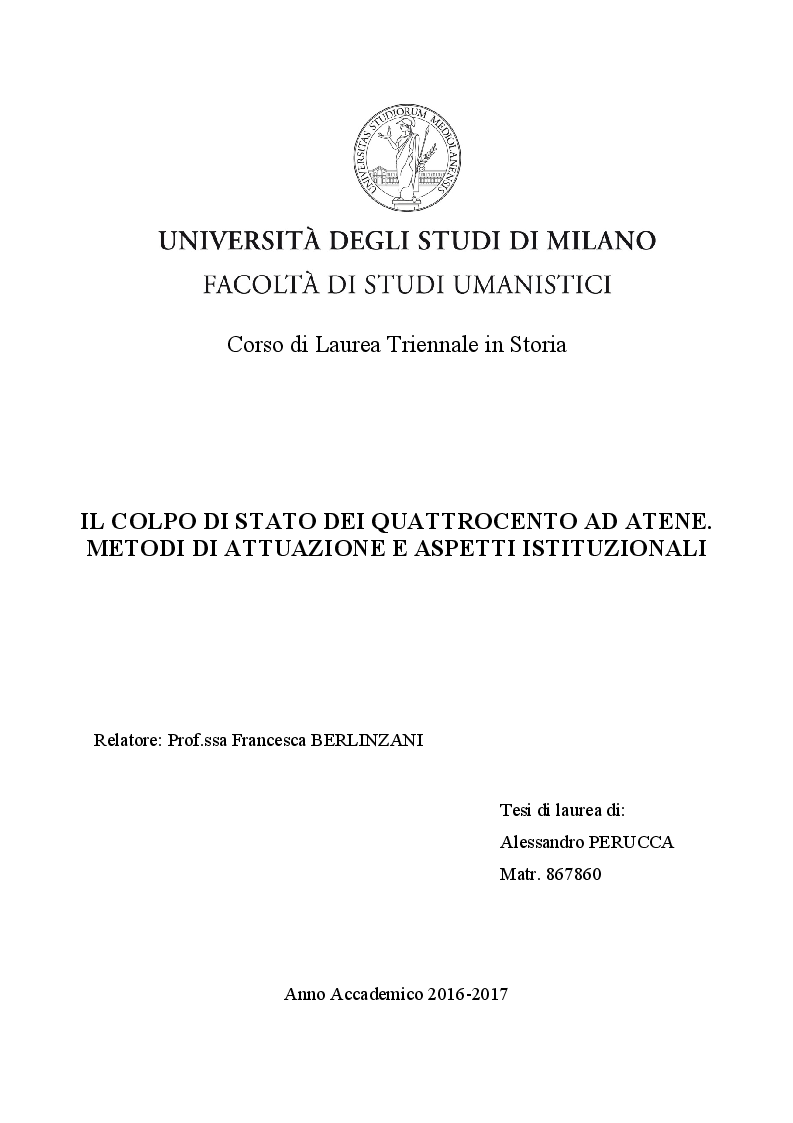 Anteprima della tesi: Il colpo di Stato dei Quattrocento ad Atene. Metodi di attuazione e aspetti istituzionali, Pagina 1
