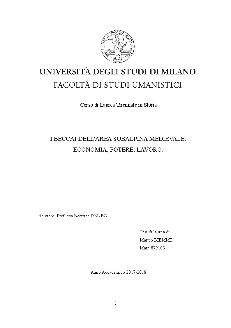 Anteprima della tesi: I beccai dell'area subalpina medievale. Economia, potere lavoro., Pagina 1