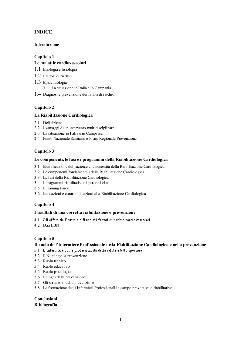 Indice della tesi: Il ruolo dell'Infermiere nella Riabilitazione Cardiologica, Pagina 1