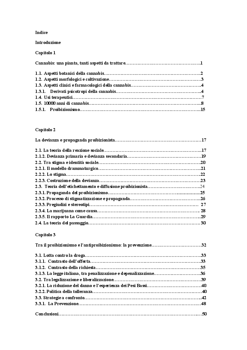 Indice della tesi: Cannabis. Aspetti di una devianza., Pagina 1
