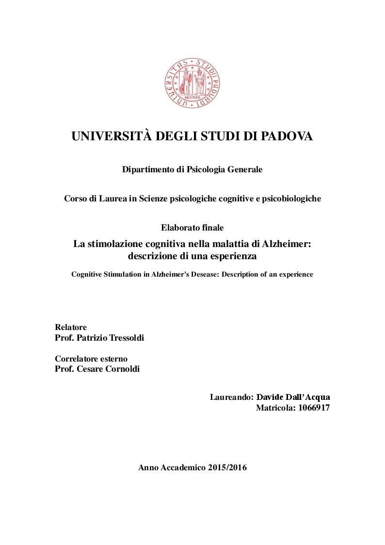 Anteprima della tesi: La stimolazione cognitiva nella malattia di Alzheimer: descrizione di una esperienza, Pagina 1